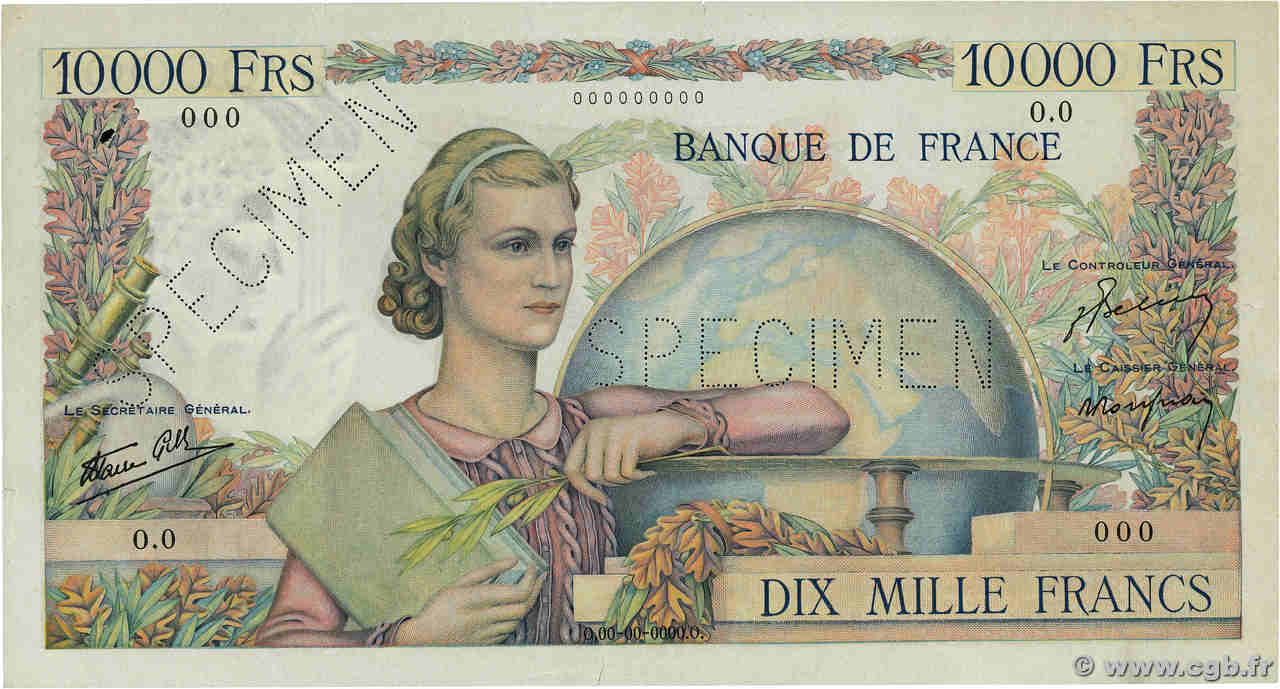10000 Francs GÉNIE FRANÇAIS Spécimen FRANKREICH  1945 F.50.01sp fVZ