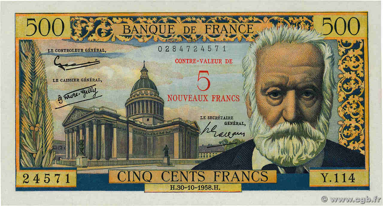 5 NF sur 500 Francs Victor HUGO FRANCE  1958 F.52.01 XF