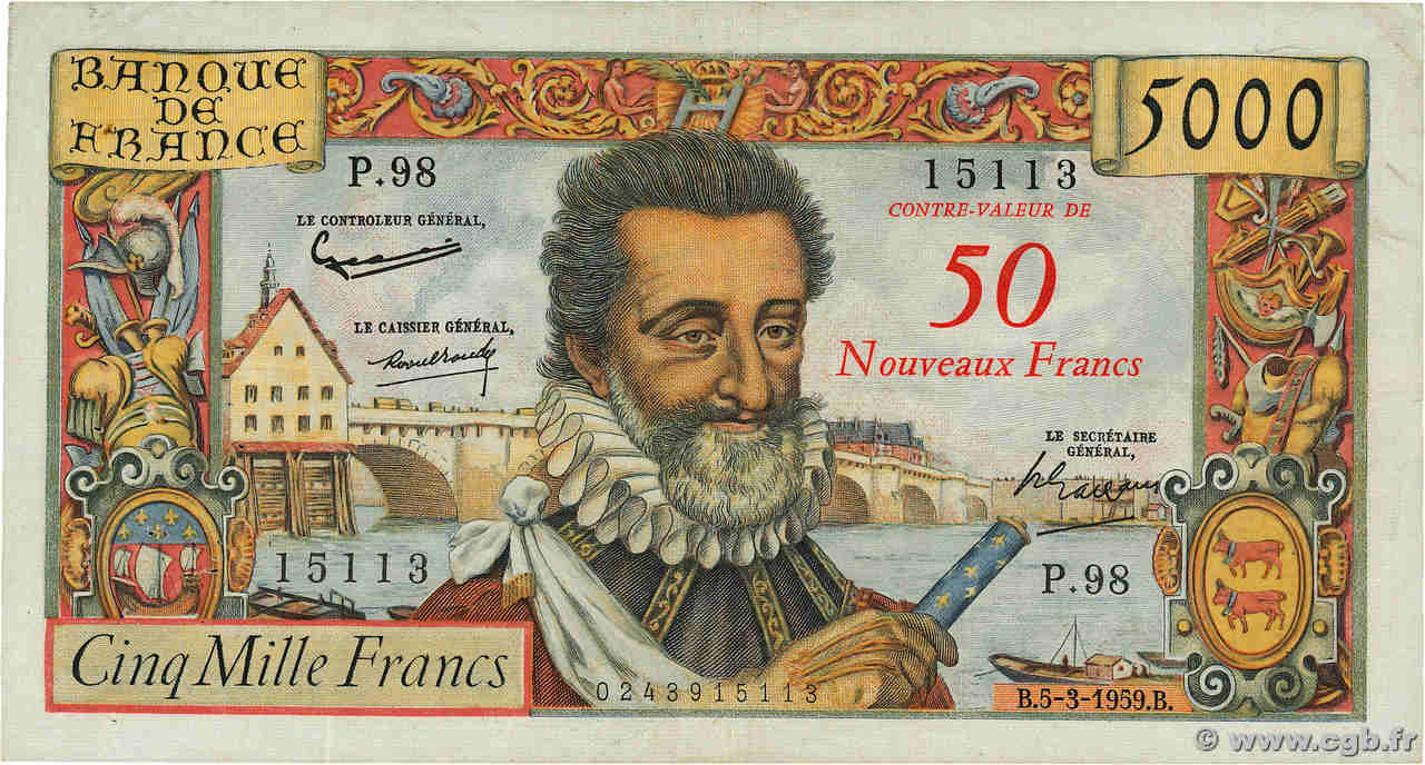 50 NF sur 5000 Francs HENRI IV FRANCE  1959 F.54.02 TTB+