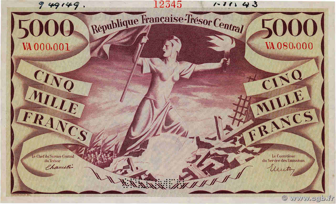 5000 Francs LIBERTÉ Spécimen FRANCE  1943 VF.08.00Sp1 SPL