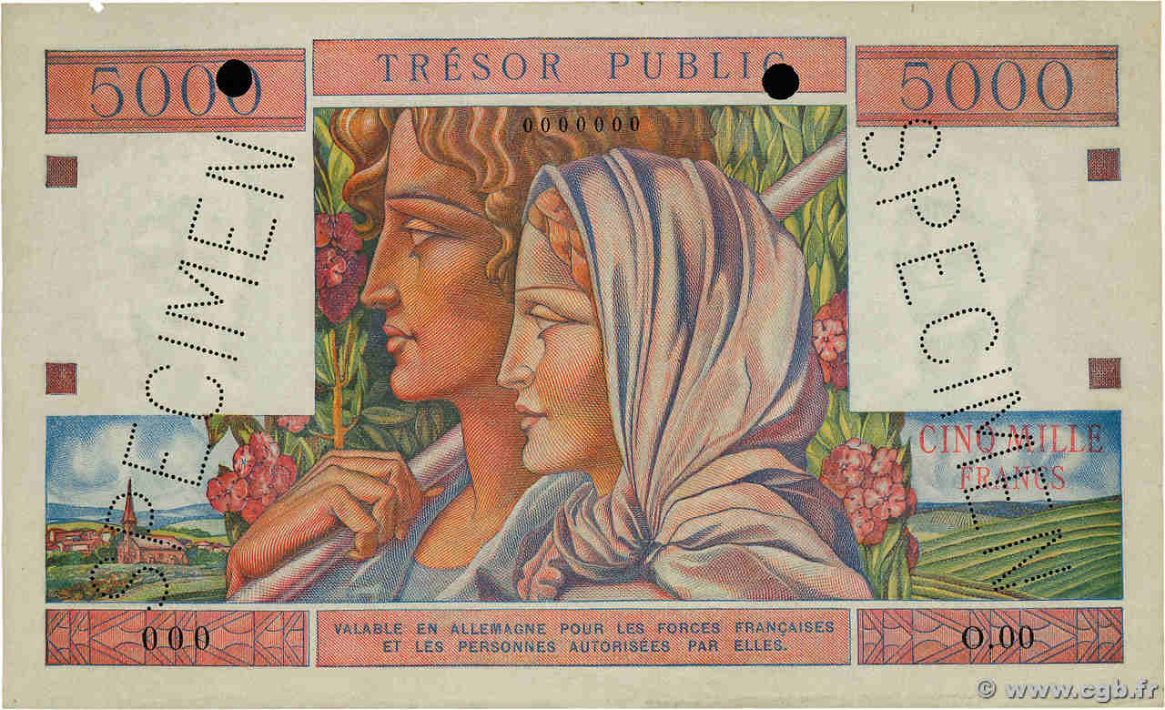5000 Francs TRÉSOR PUBLIC Spécimen FRANCE  1955 VF.36.00Sp VF
