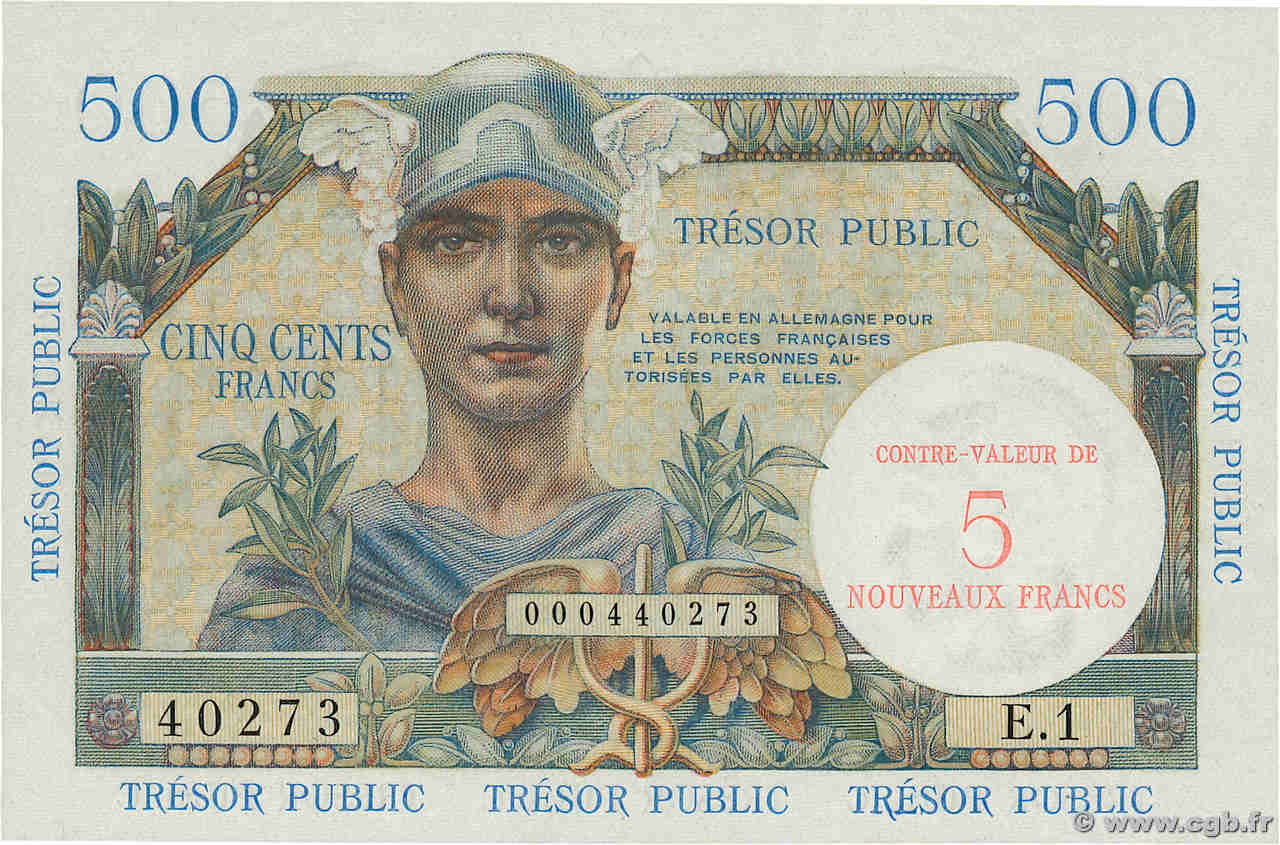 5NF sur 500 Francs TRÉSOR PUBLIC FRANCE  1960 VF.37.01 AU