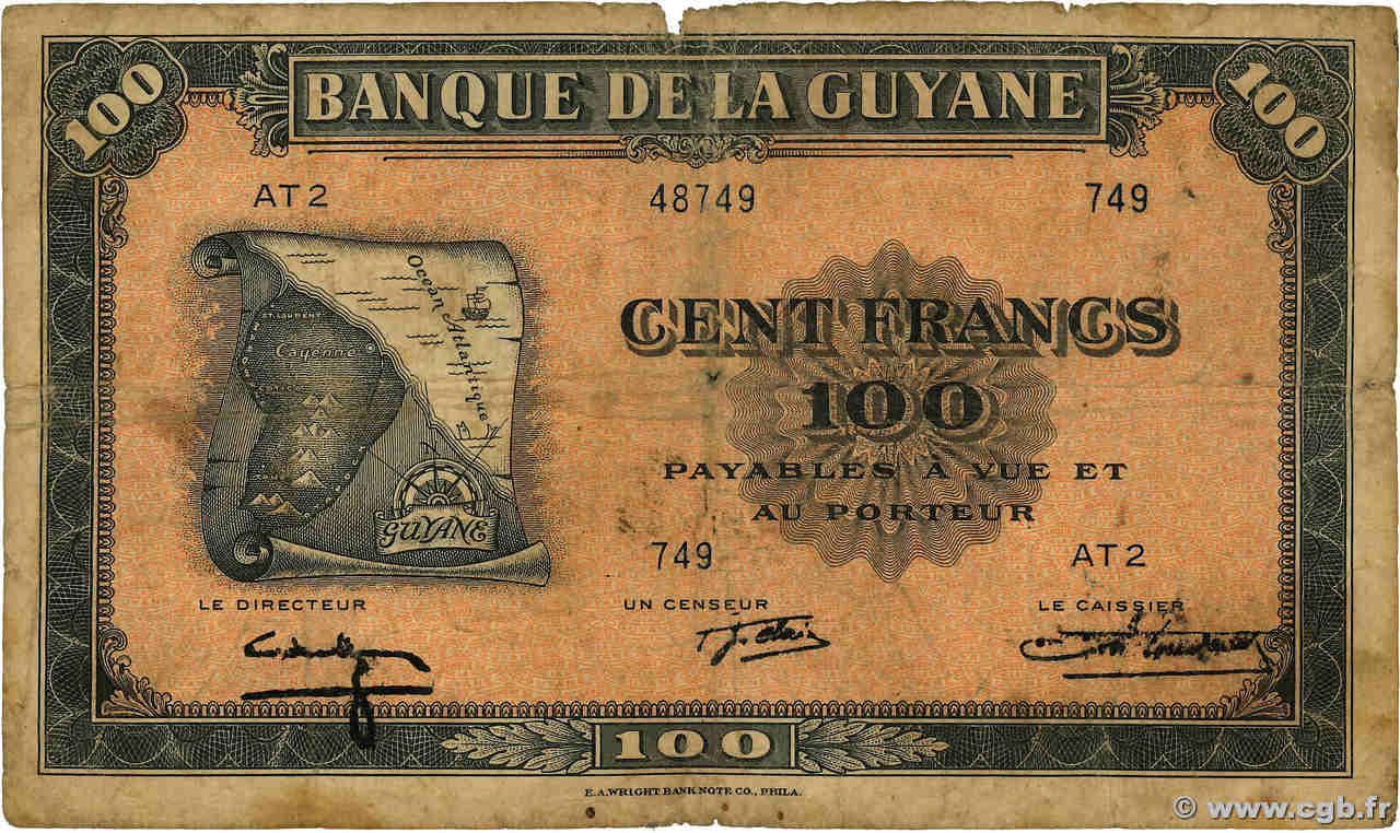 100 Francs FRENCH GUIANA  1942 P.13a G
