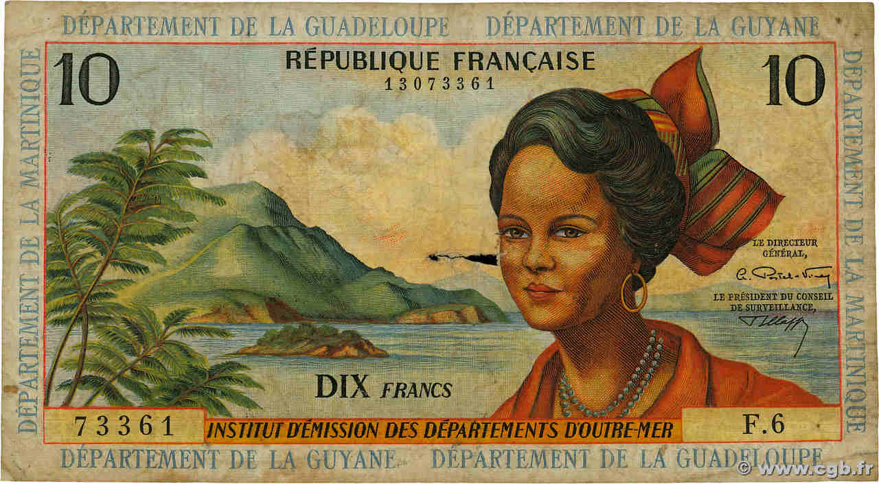 10 Francs FRENCH ANTILLES  1964 P.08b VG