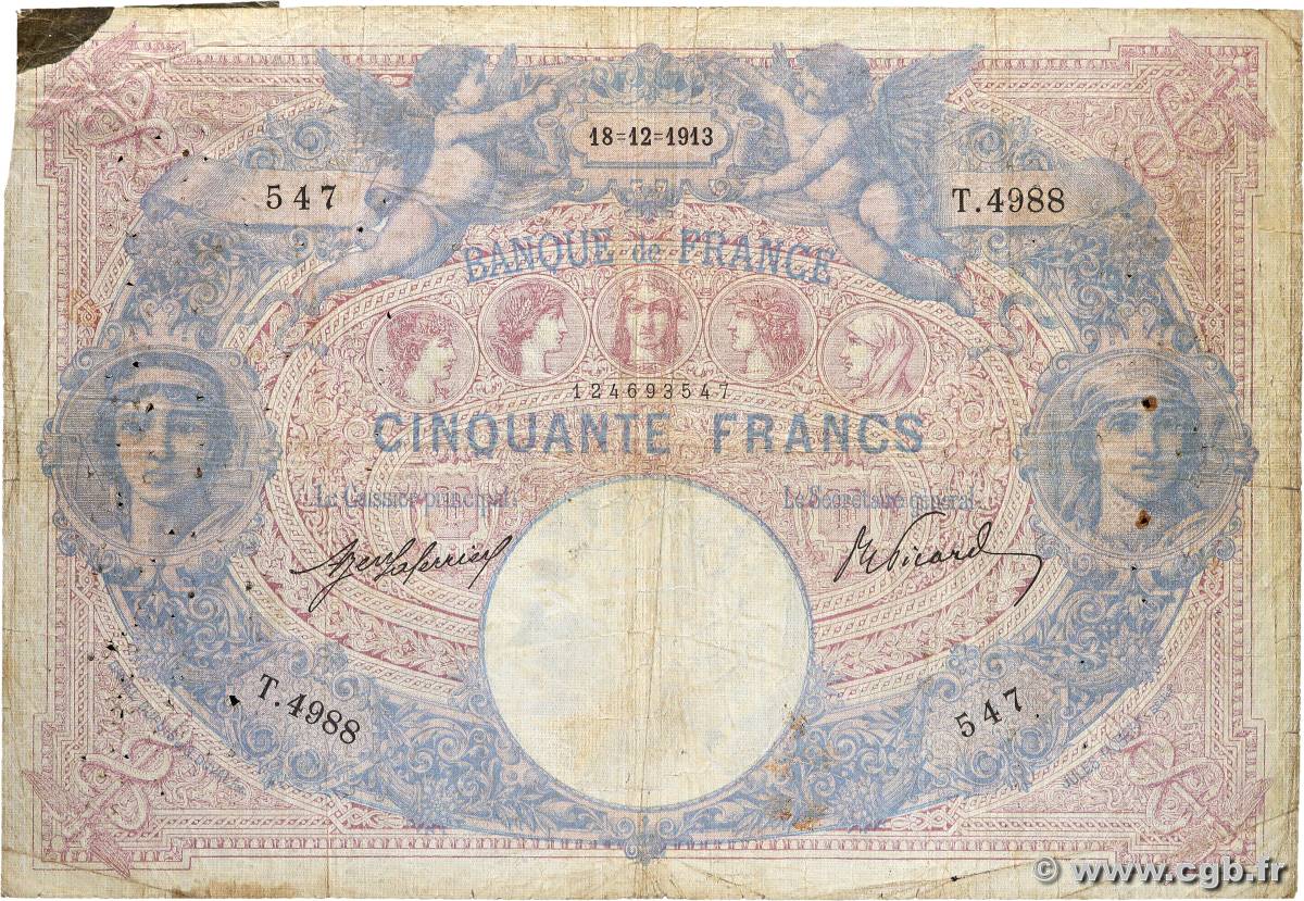 50 Francs BLEU ET ROSE FRANKREICH  1913 F.14.26 SGE