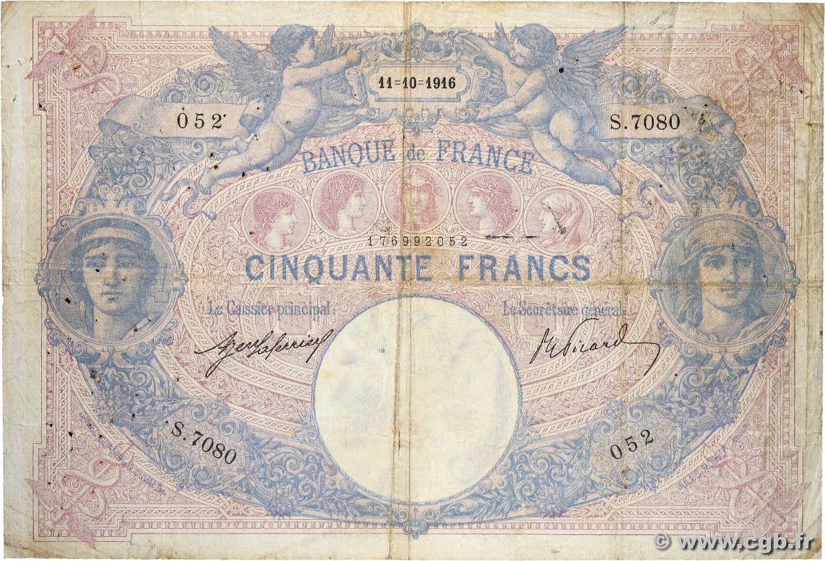 50 Francs BLEU ET ROSE FRANCE  1916 F.14.29 B