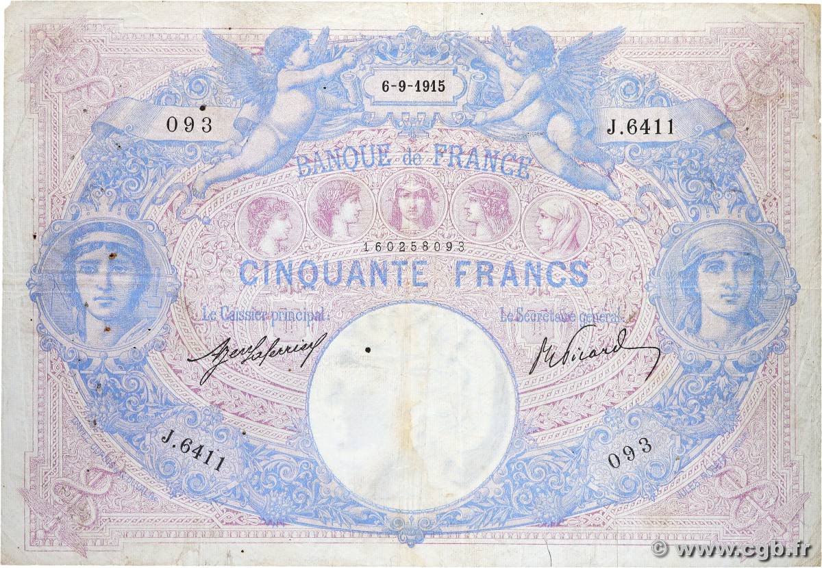 50 Francs BLEU ET ROSE FRANCE  1915 F.14.28 G