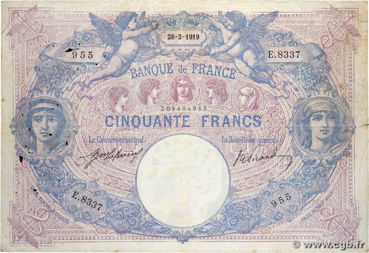 50 Francs BLEU ET ROSE FRANCE  1919 F.14.32 G