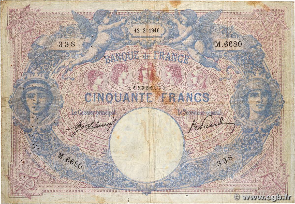 50 Francs BLEU ET ROSE FRANCE  1916 F.14.29 G