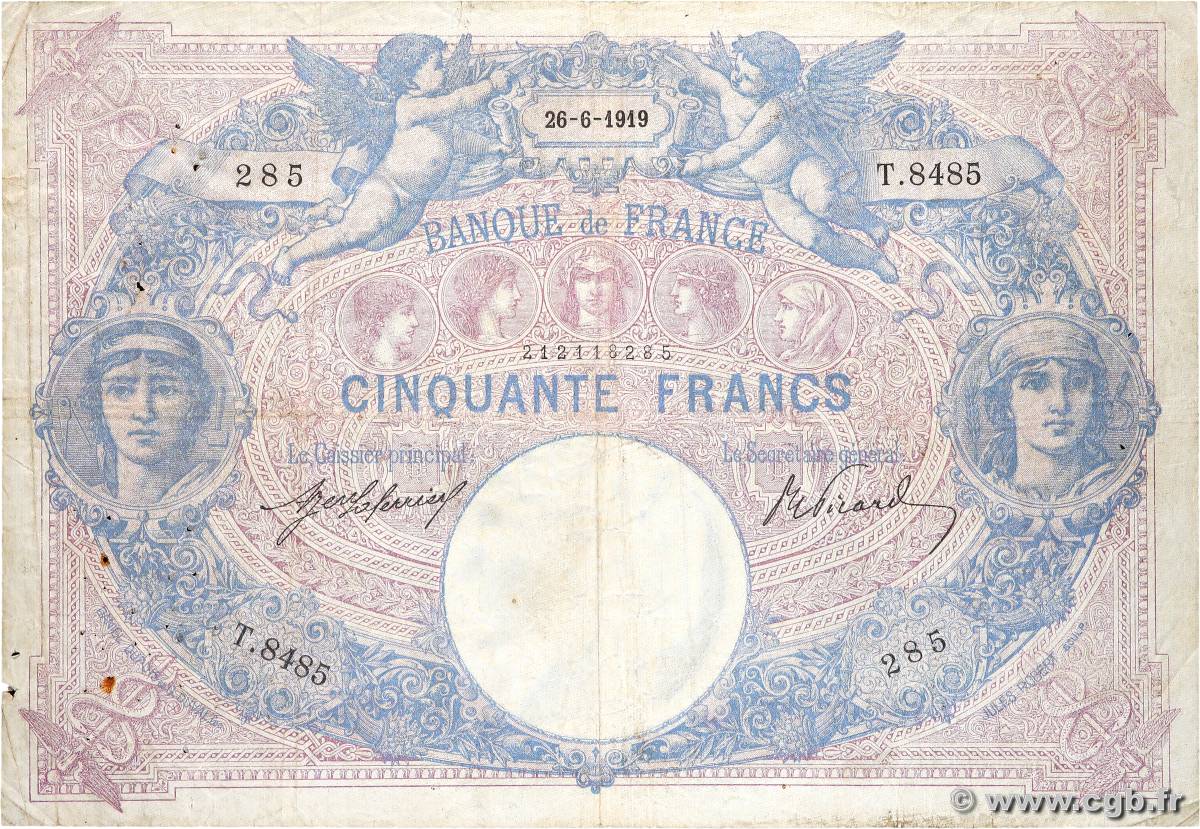 50 Francs BLEU ET ROSE FRANCE  1919 F.14.32 B