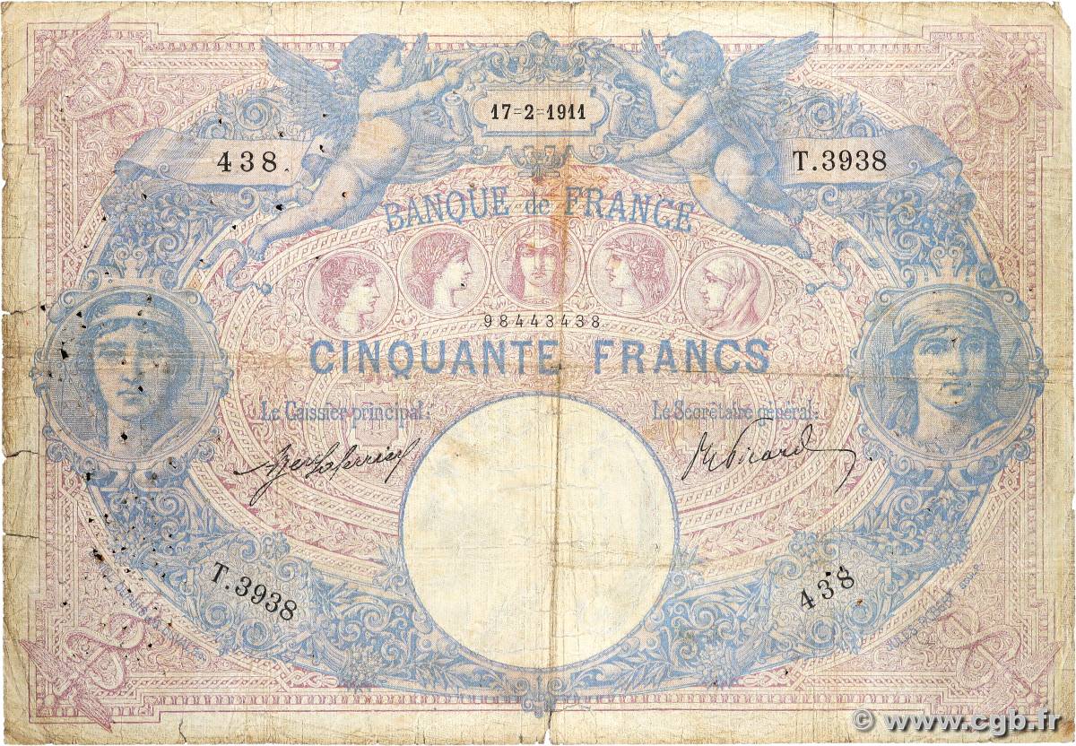 50 Francs BLEU ET ROSE FRANCE  1911 F.14.24 B