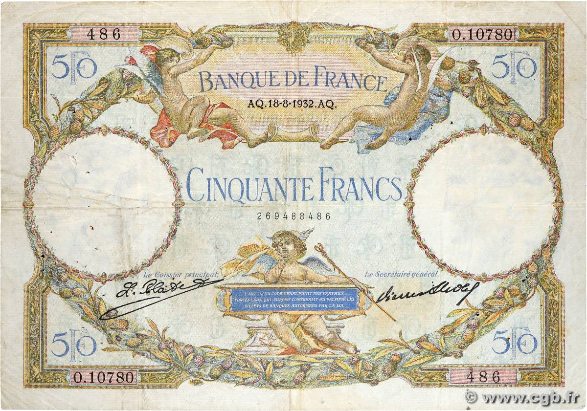 50 Francs LUC OLIVIER MERSON type modifié FRANCIA  1932 F.16.03 RC