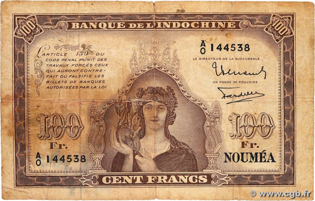 100 Francs NEW CALEDONIA  1942 P.44 G