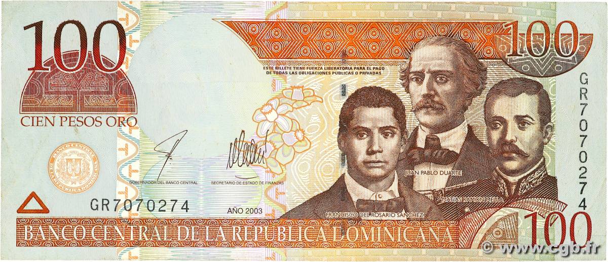 100 Pesos Oro DOMINICAN REPUBLIC  2003 P.171c VF