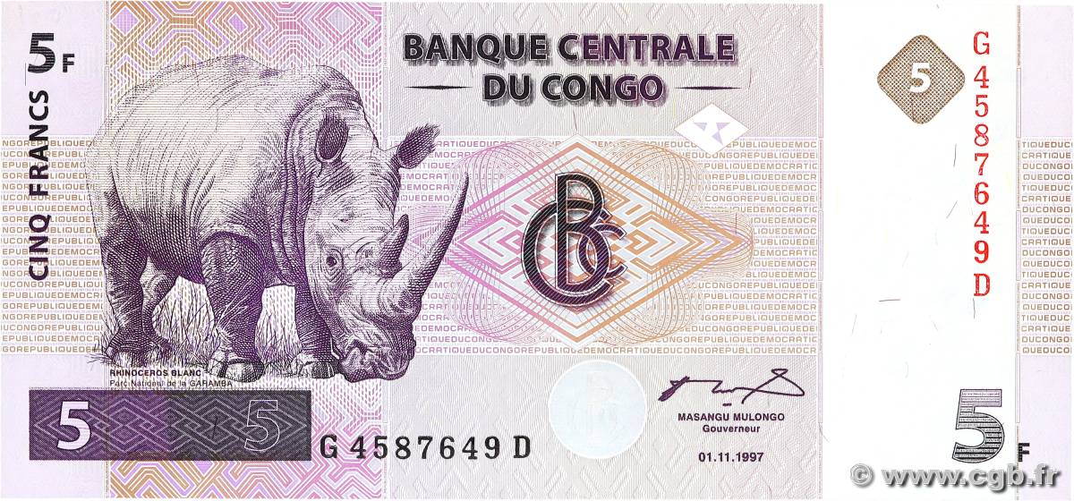 5 Francs RÉPUBLIQUE DÉMOCRATIQUE DU CONGO  1997 P.086A pr.NEUF