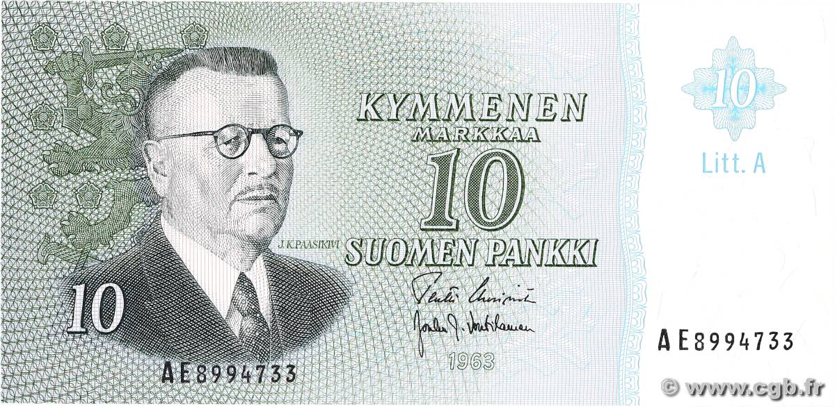 10 Markkaa FINLANDIA  1963 P.104a AU