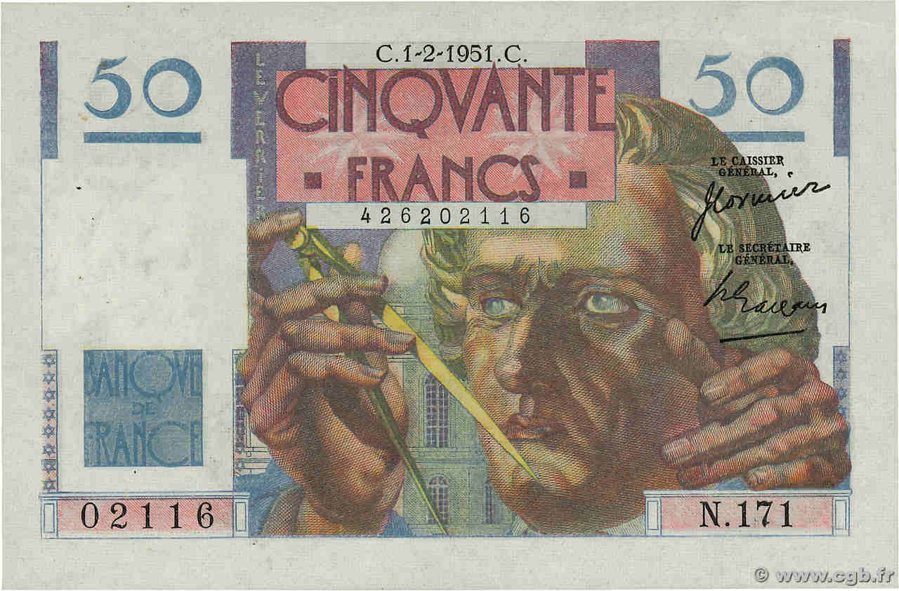 50 Francs LE VERRIER FRANCIA  1951 F.20.17 EBC+