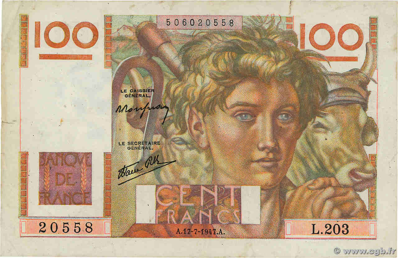 100 Francs JEUNE PAYSAN Favre-Gilly FRANCIA  1947 F.28ter.01 q.BB