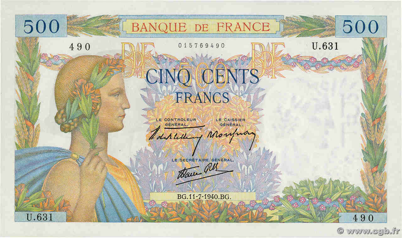500 Francs LA PAIX FRANCE  1940 F.32.04 SPL