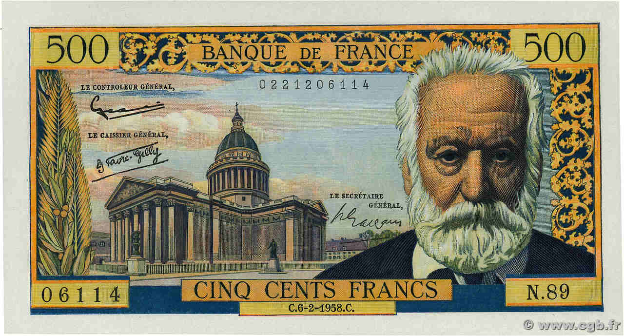 500 Francs VICTOR HUGO FRANCE  1958 F.35.08 XF+