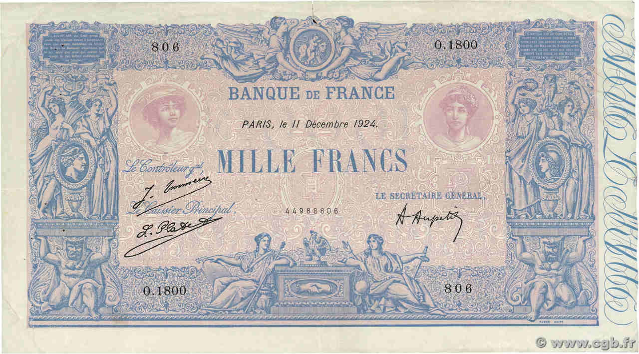 1000 Francs BLEU ET ROSE FRANCE  1924 F.36.40 F+