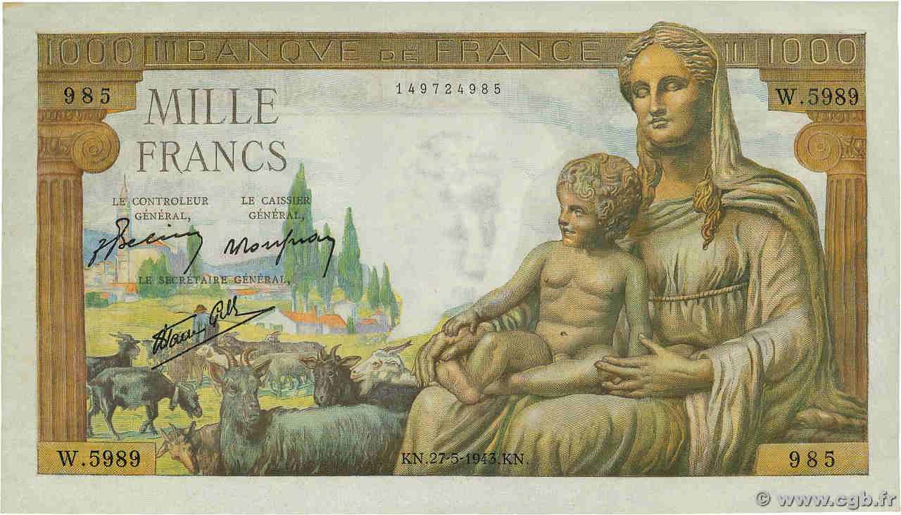 1000 Francs DÉESSE DÉMÉTER FRANCE  1943 F.40.25 SPL+