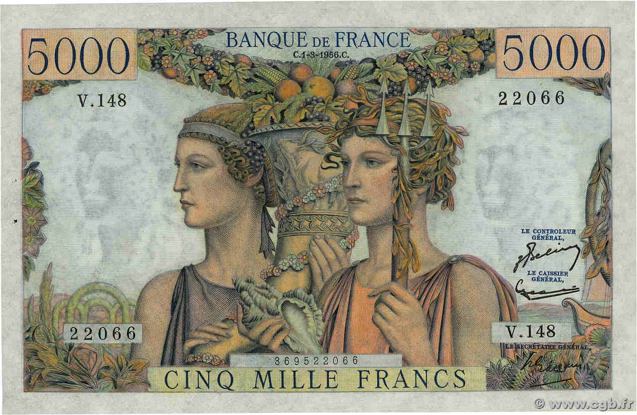 5000 Francs TERRE ET MER FRANCE  1956 F.48.11 XF+