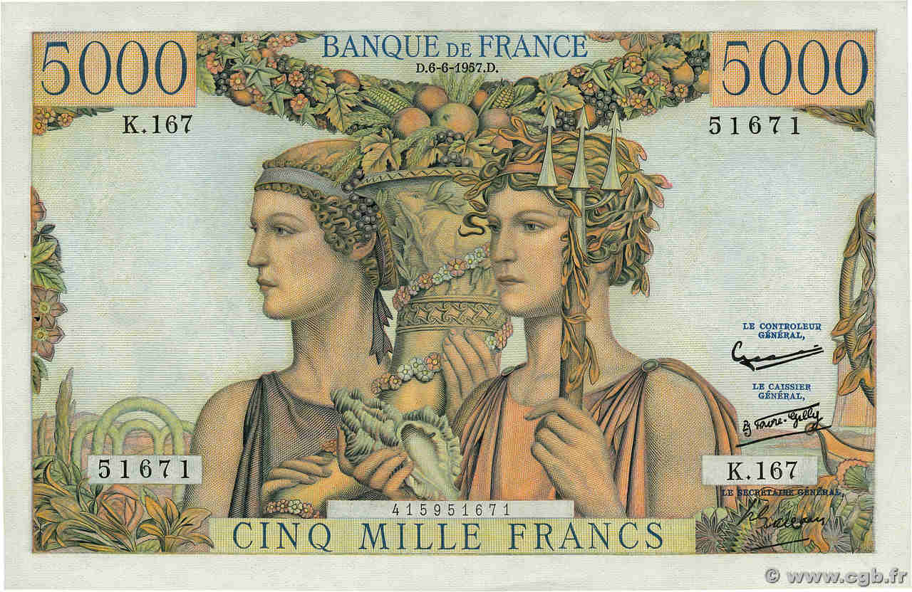 5000 Francs TERRE ET MER FRANCE  1957 F.48.15 XF+
