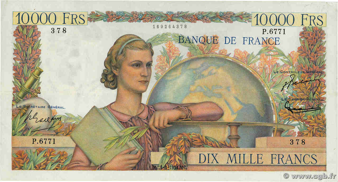 10000 Francs GÉNIE FRANÇAIS FRANCE  1954 F.50.70 VF