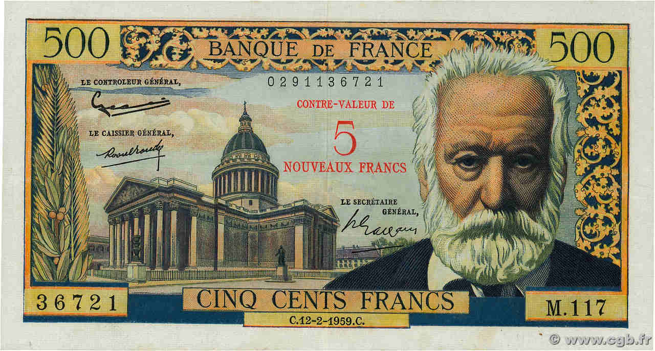 5 NF sur 500 Francs Victor HUGO FRANCE  1959 F.52.02 VF+