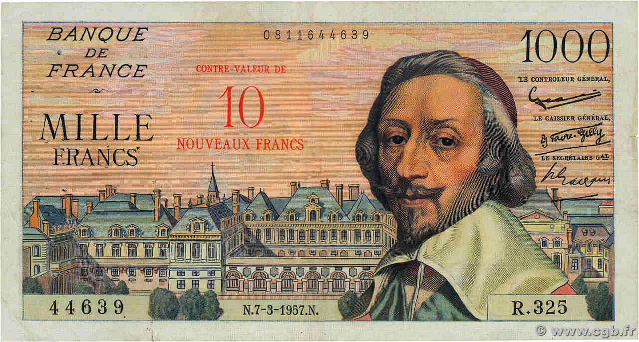 10 NF sur 1000 Francs RICHELIEU FRANCE  1957 F.53.01 VF-