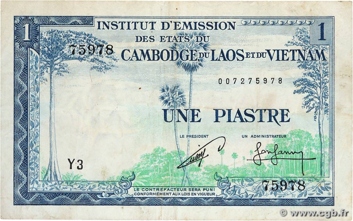 1 Piastre - 1 Riel FRENCH INDOCHINA 1954 P.094 537978 Banknotes