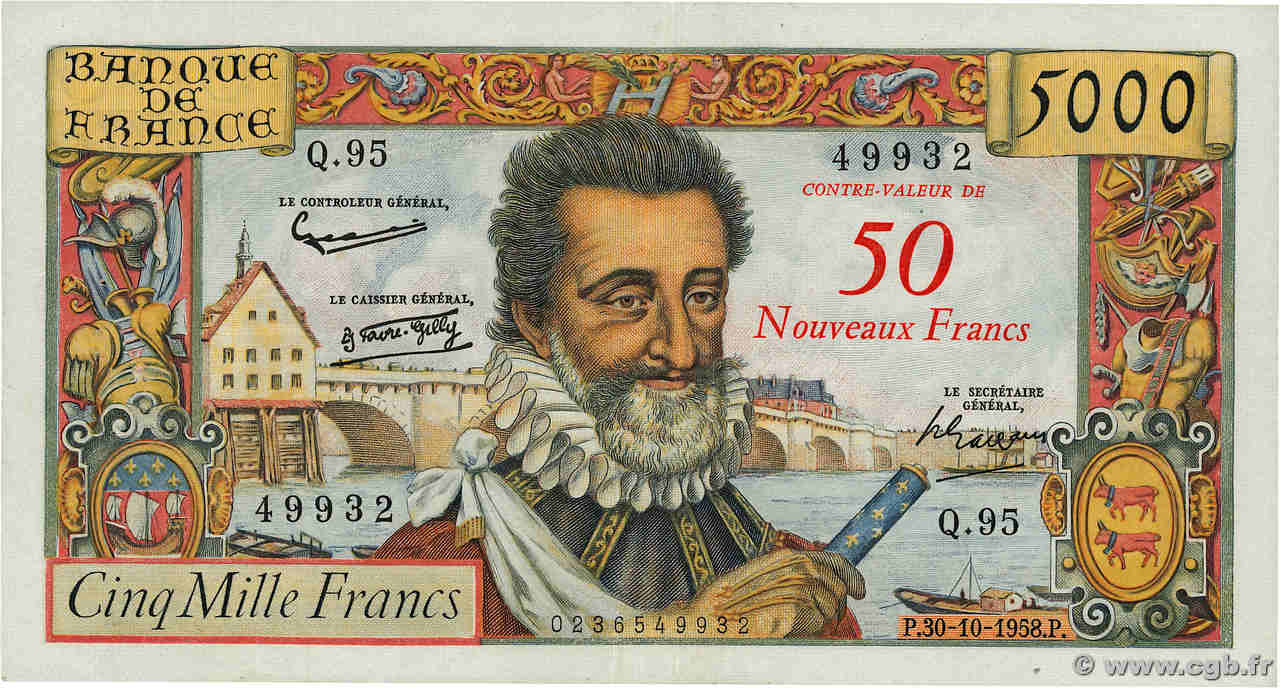 50 NF sur 5000 Francs HENRI IV FRANCE  1958 F.54.01 VF+