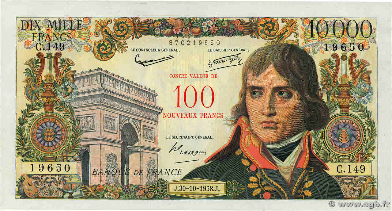 100 NF sur 10000 Francs BONAPARTE FRANCIA  1958 F.55.01 q.AU