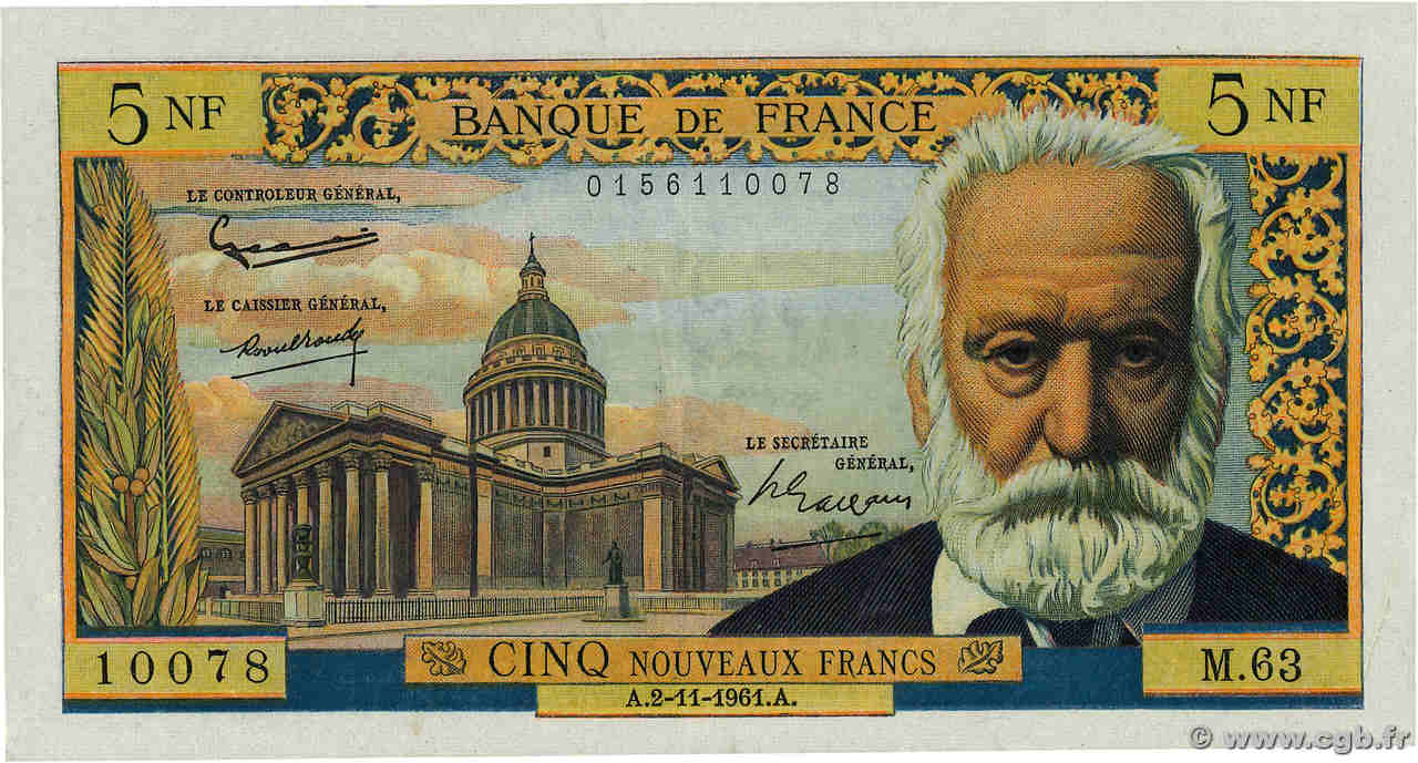 5 Nouveaux Francs VICTOR HUGO FRANCE  1961 F.56.09 XF