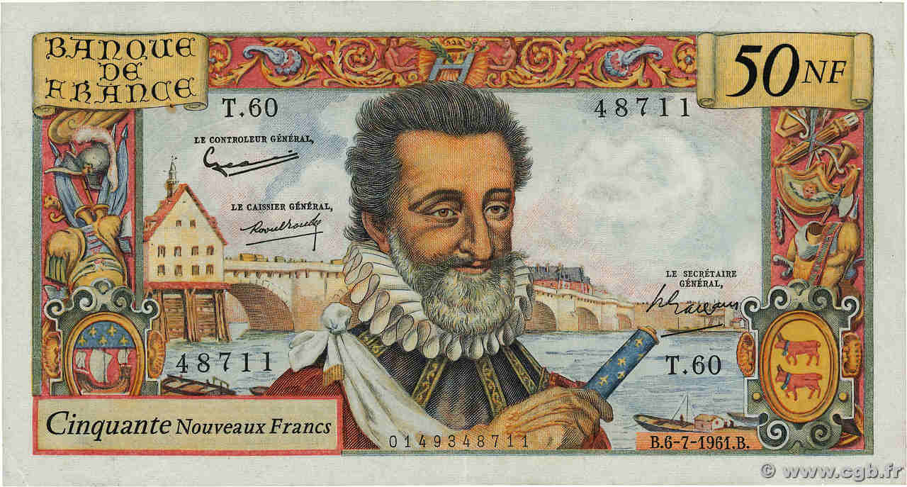 50 Nouveaux Francs HENRI IV FRANCE  1961 F.58.06 VF+