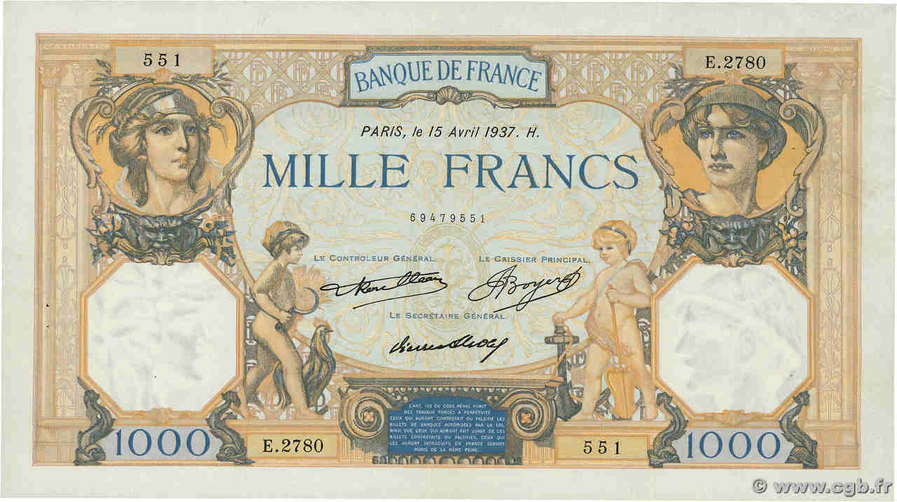 1000 Francs CÉRÈS ET MERCURE FRANCIA  1937 F.37.10 MBC