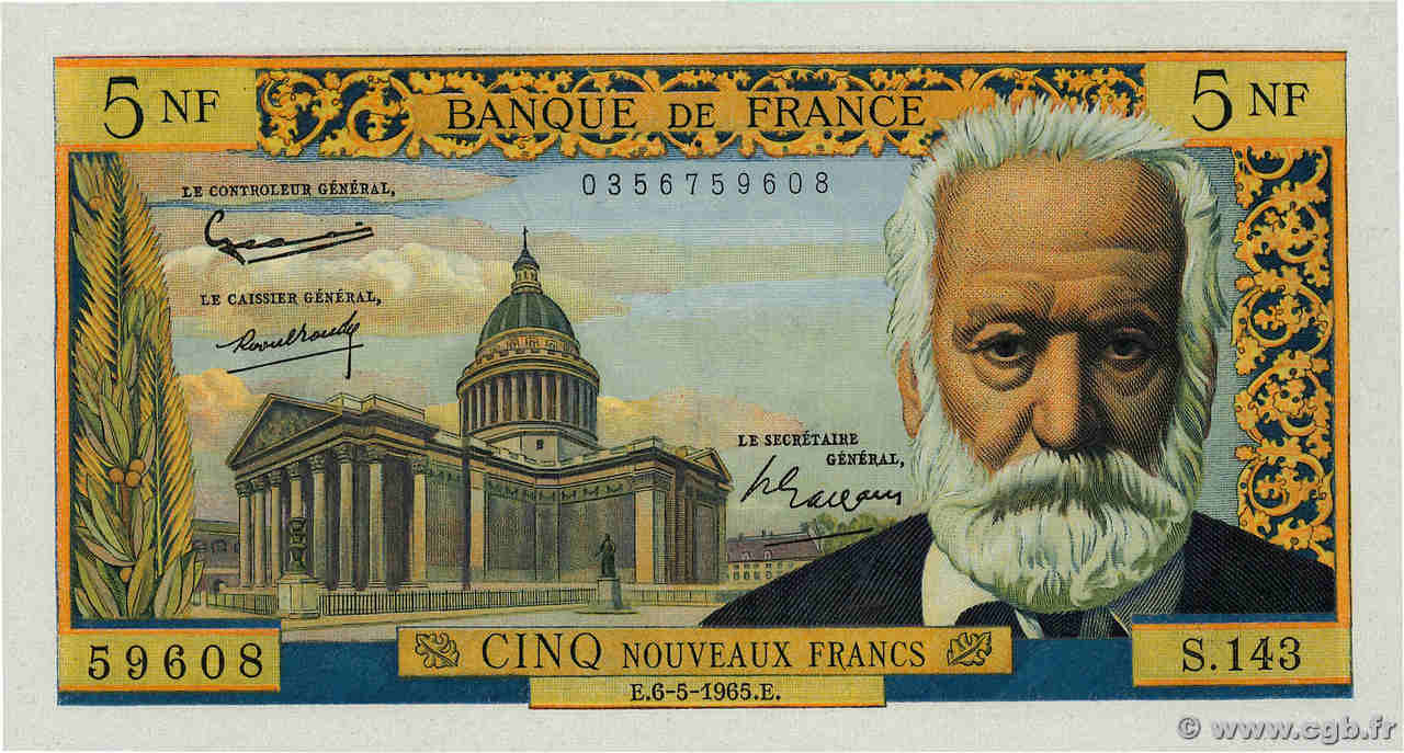 5 Nouveaux Francs VICTOR HUGO FRANCIA  1965 F.56.18 SC+