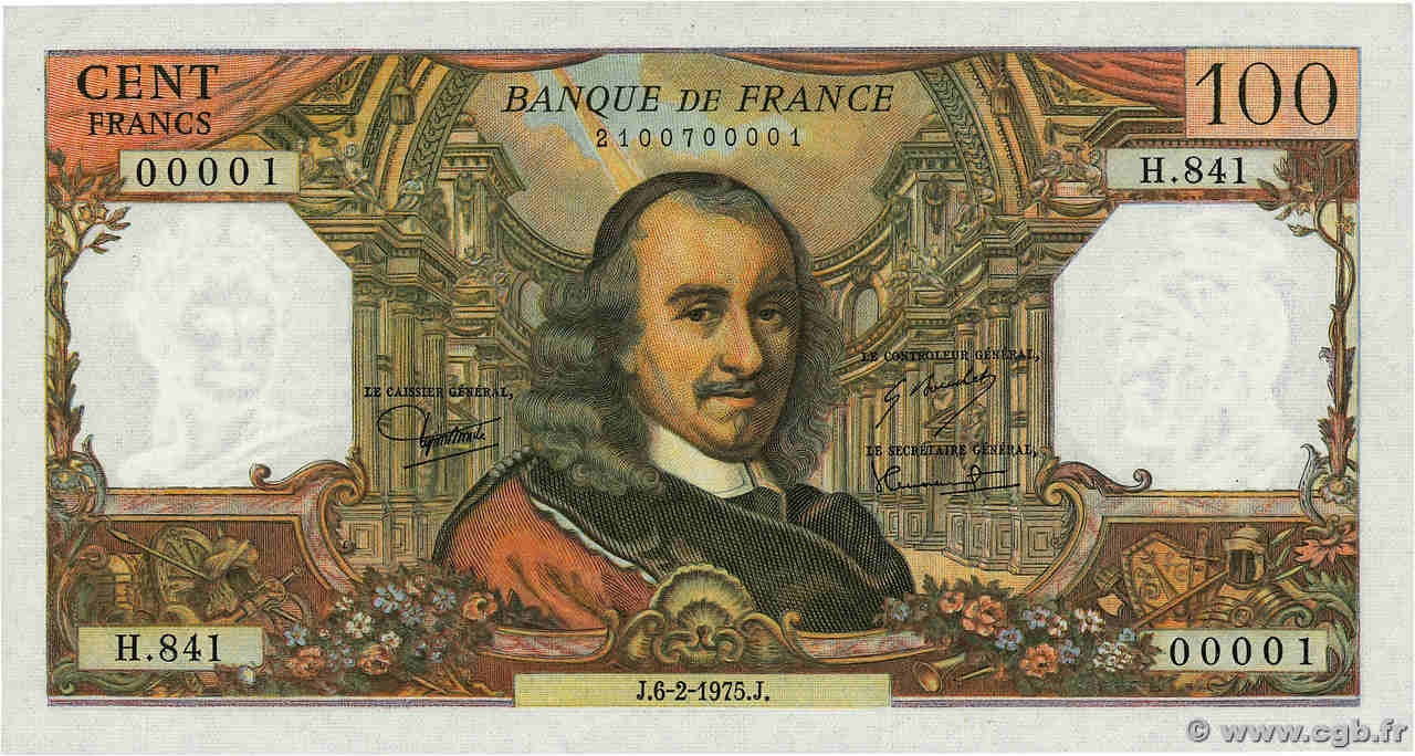100 Francs CORNEILLE Numéro spécial FRANCE  1975 F.65.48 UNC-