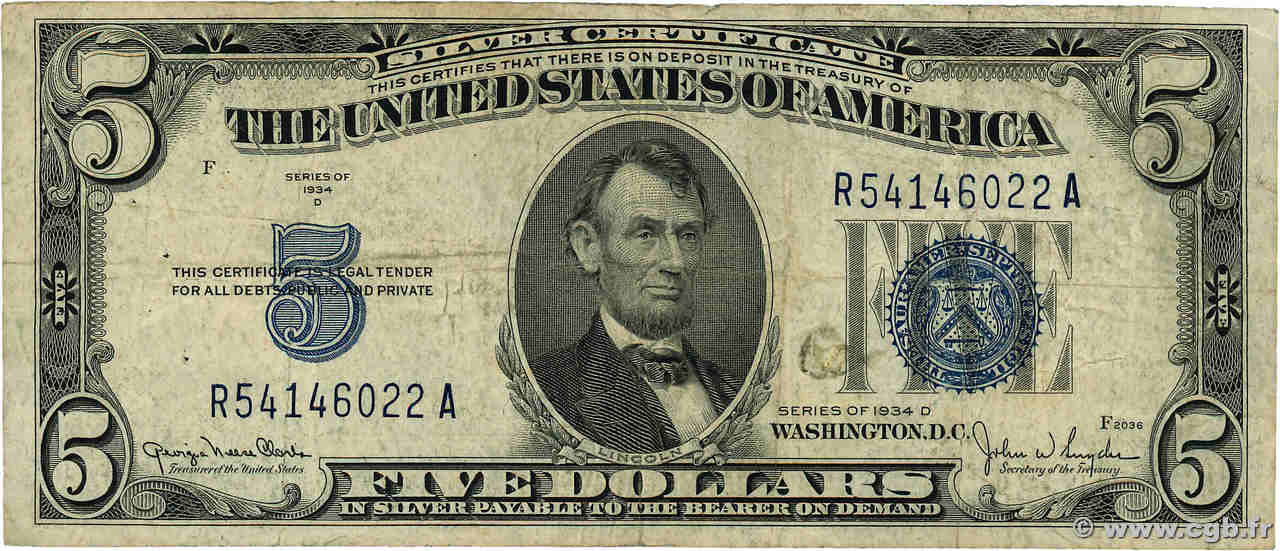 5 Dollars ÉTATS-UNIS D AMÉRIQUE  1934 P.414Ad pr.TB