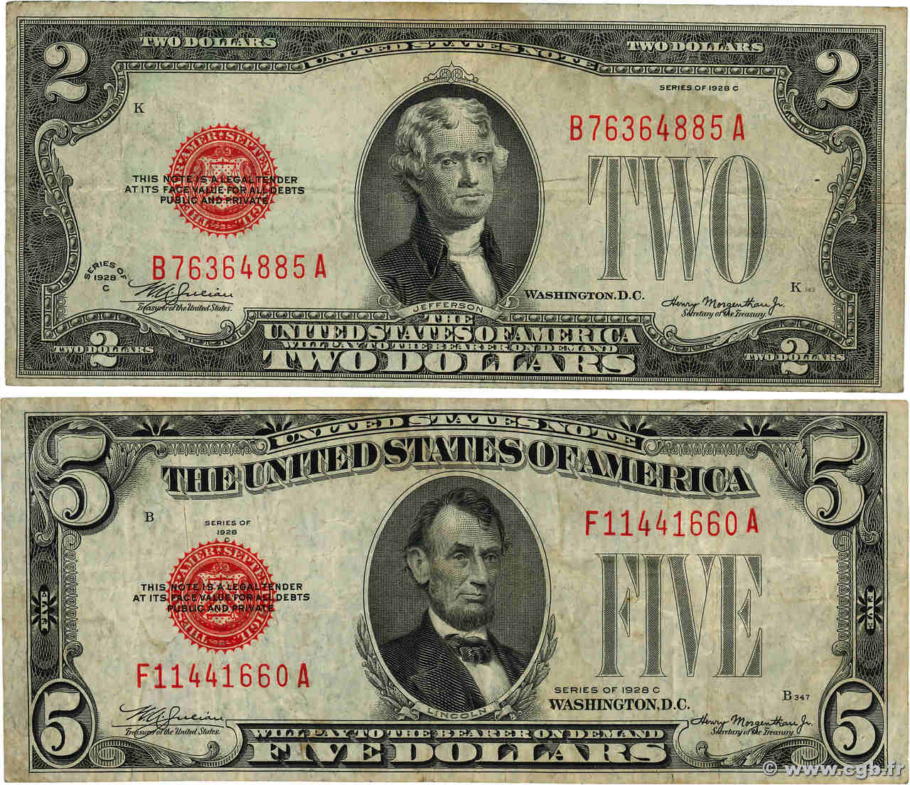2 et 5 Dollars Lot ÉTATS-UNIS D AMÉRIQUE  1928 P.378c et P.379c TB