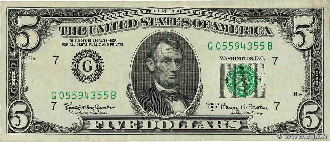 5 Dollars UNITED STATES OF AMERICA Chicago 1963 P.444b VF+