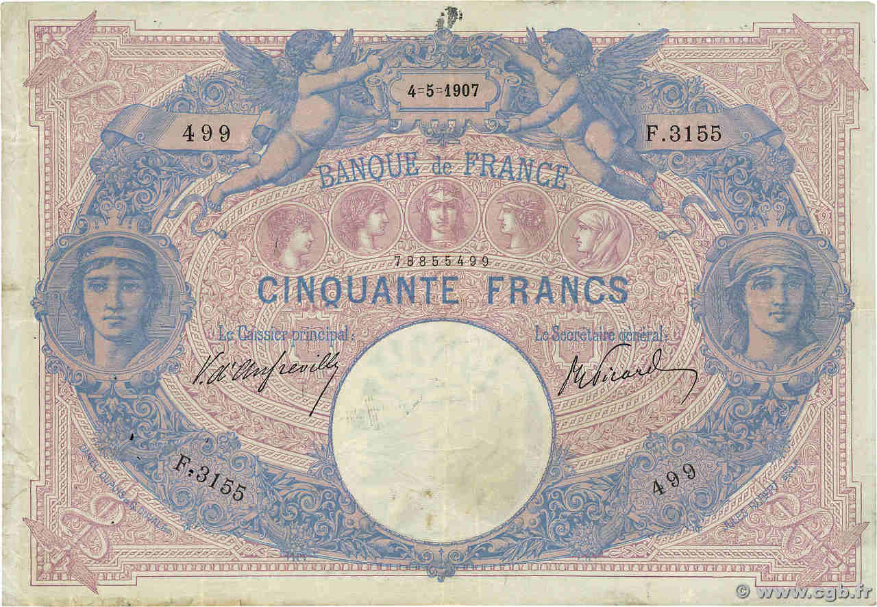 50 Francs BLEU ET ROSE FRANCE  1907 F.14.19 F