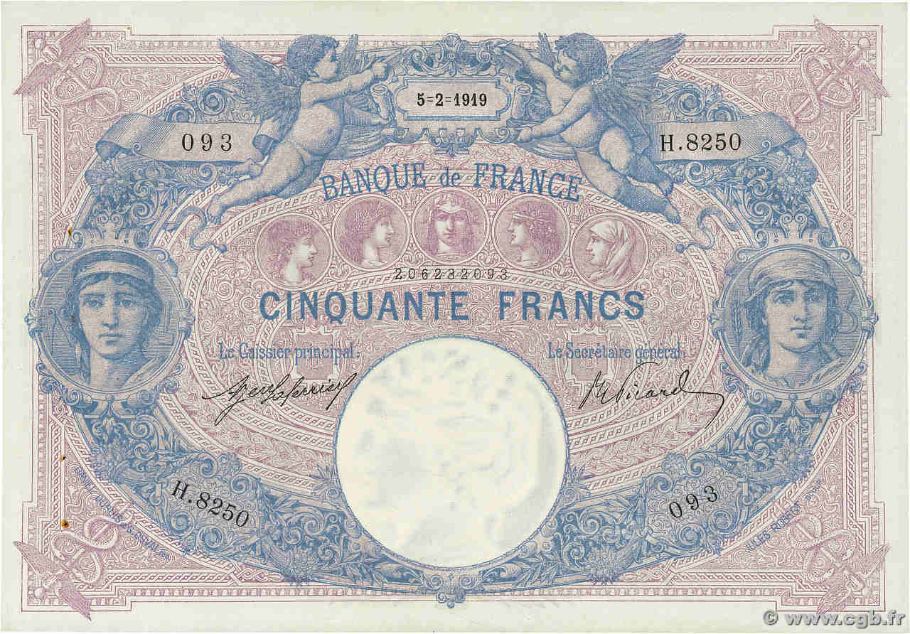 50 Francs BLEU ET ROSE FRANCE  1919 F.14.32 VF