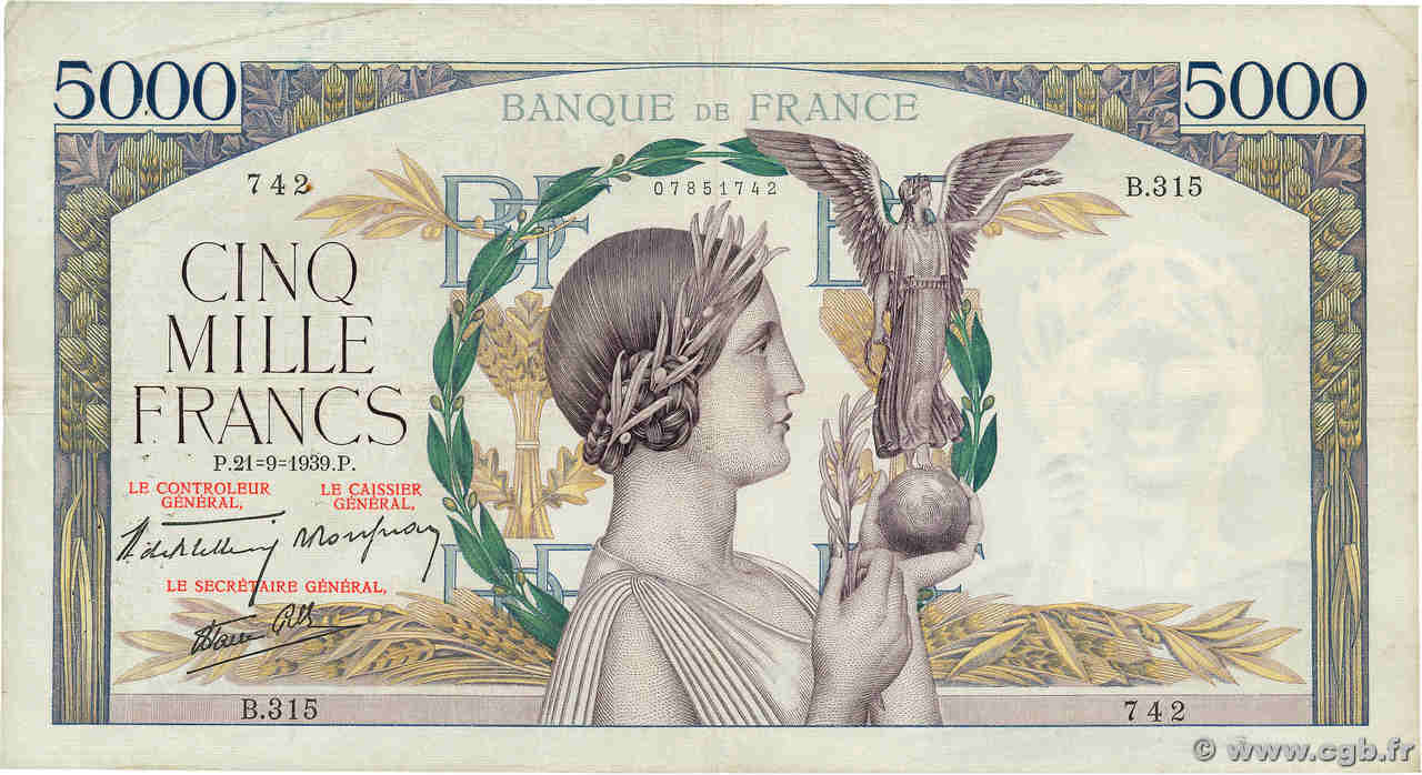 5000 Francs VICTOIRE Impression à plat FRANCE  1939 F.46.11 TB+