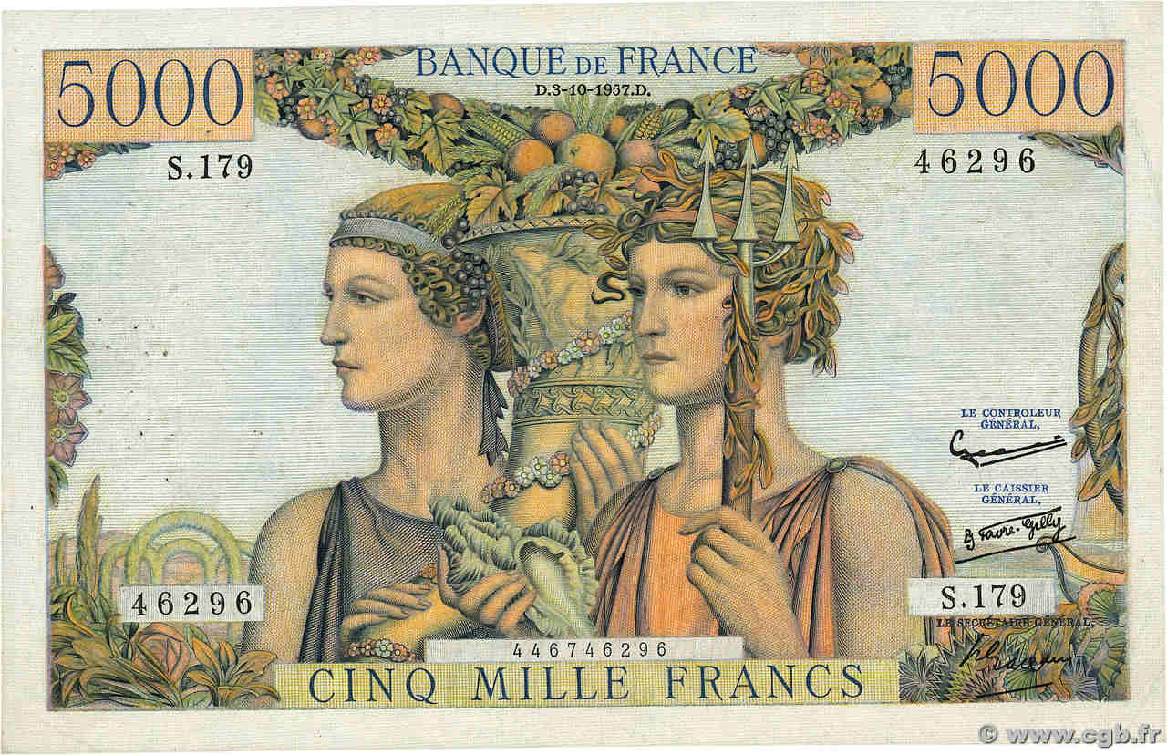 5000 Francs TERRE ET MER FRANCE  1957 F.48.17 VF