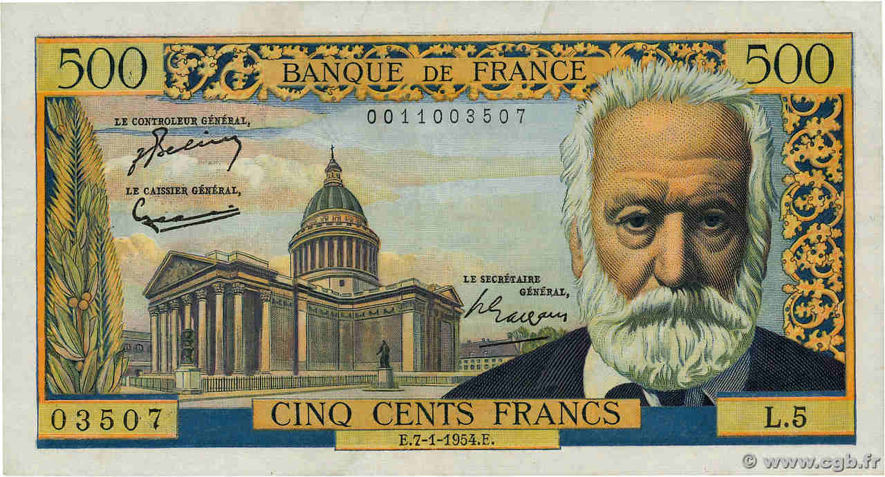 500 Francs VICTOR HUGO FRANCE  1954 F.35.01 TTB