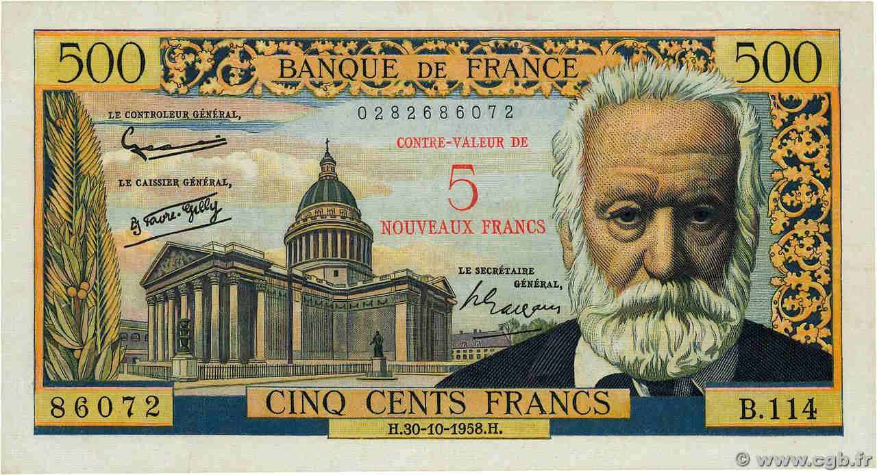 5 NF sur 500 Francs Victor HUGO FRANCIA  1958 F.52.01 q.BB