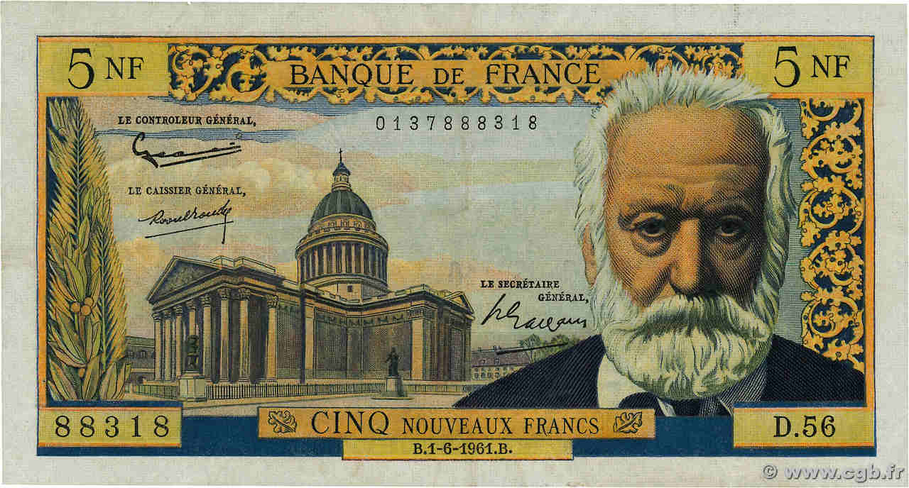 5 Nouveaux Francs VICTOR HUGO FRANCE  1961 F.56.08 VF