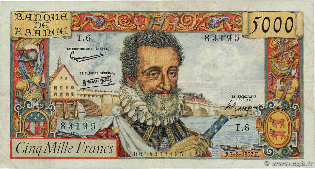 5000 Francs HENRI IV FRANCE  1957 F.49.01 TB+